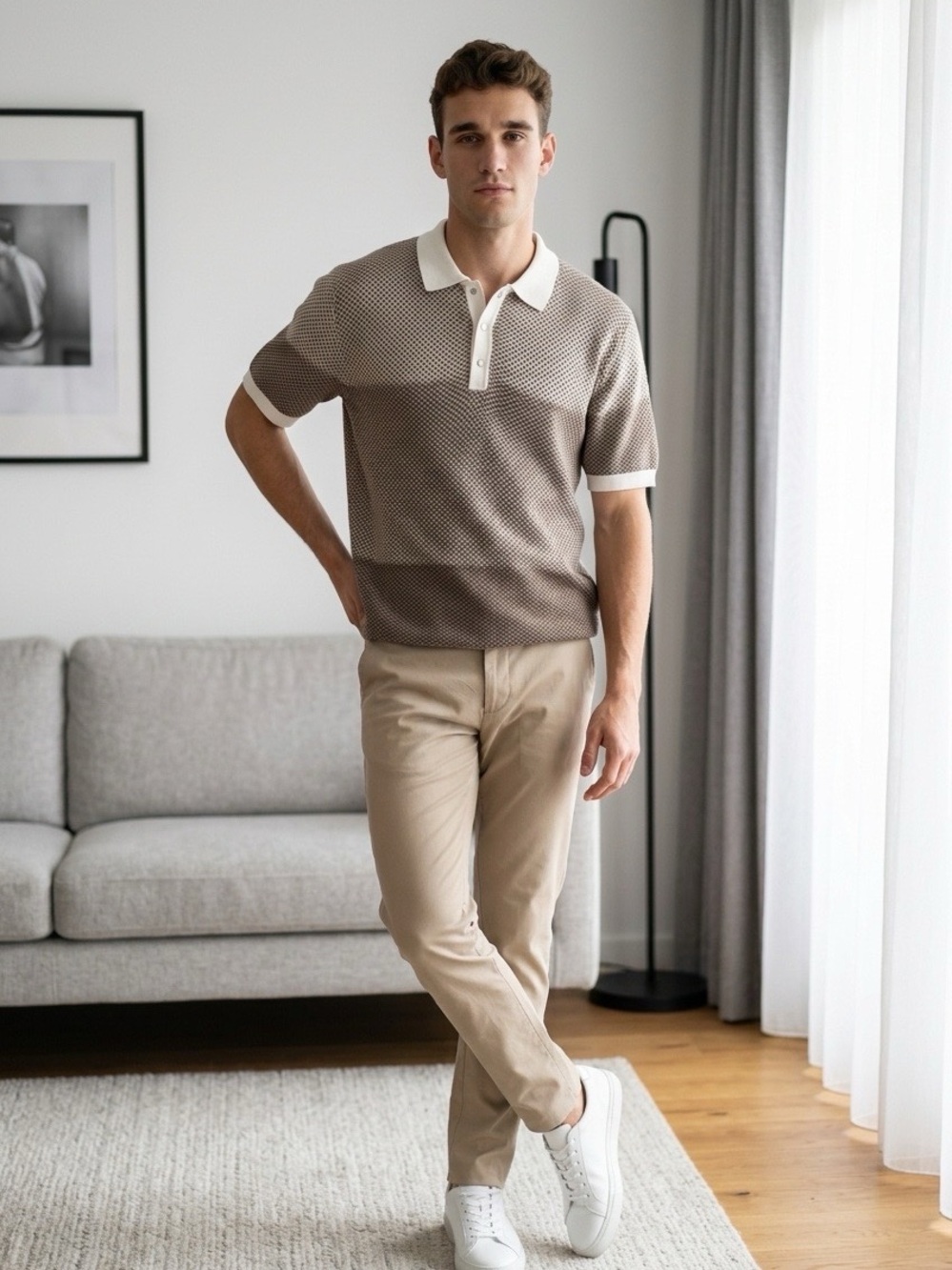 Denim & Flower Short Sleeve Knit Polo in Cream and Brown